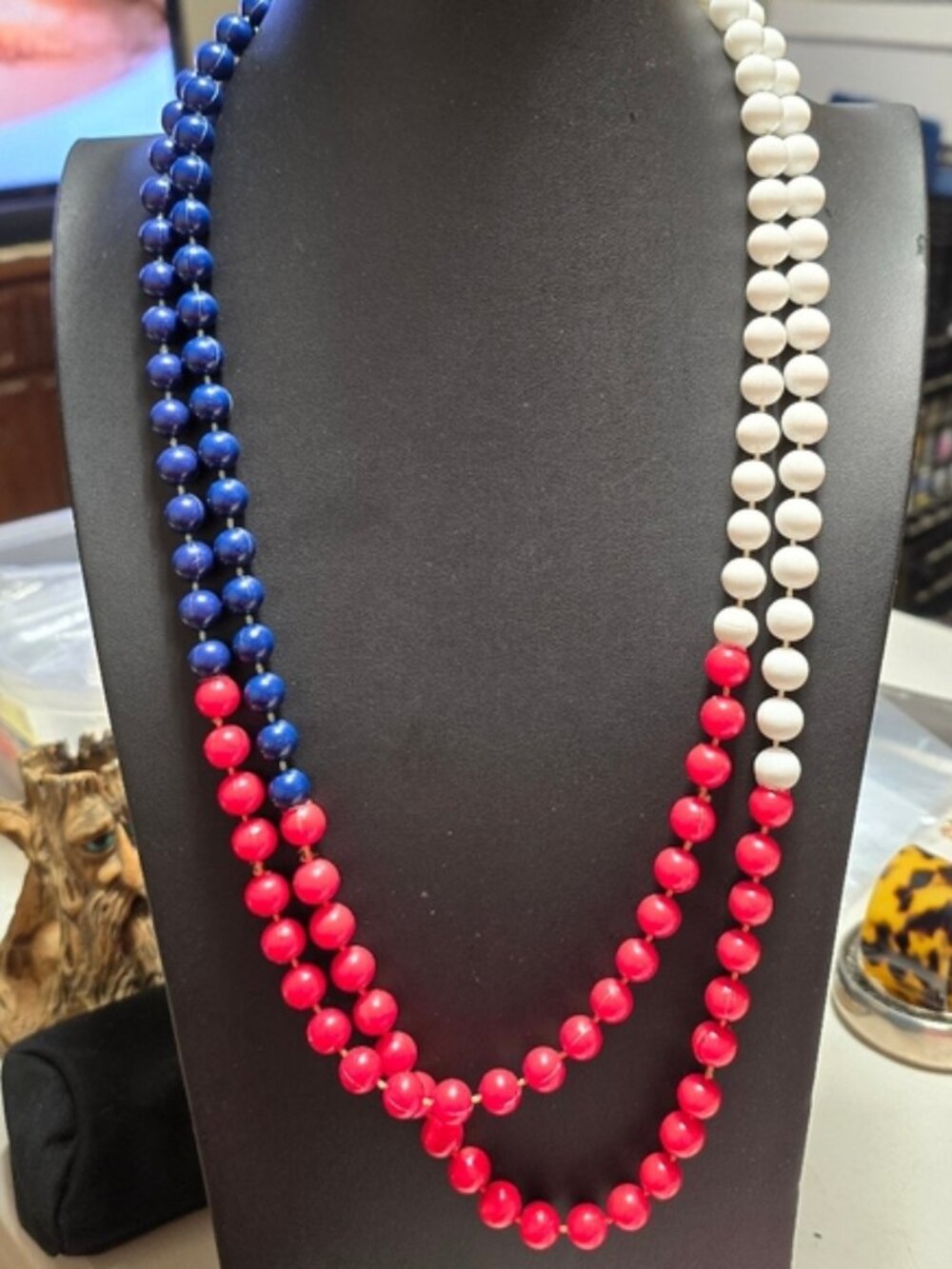 Vintage 38in Single Stand Red White and Blue Resin Beaded Necklace